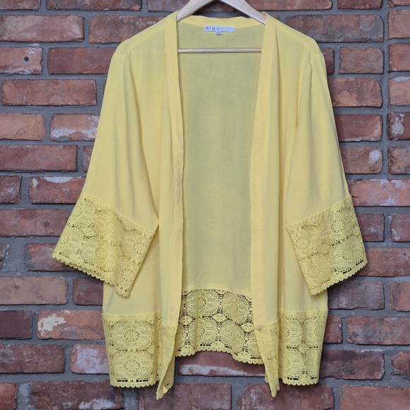 Cleo Yellow Lace Trim Kimono Cardigan XXL Boho Lightweight Duster Spring Resort - Picture 2 of 7